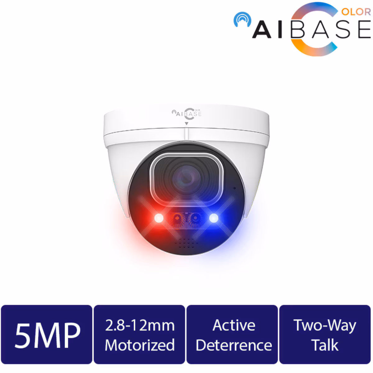 AiBase 5MP AI turret camera with motorized lens and active deterrence lights
