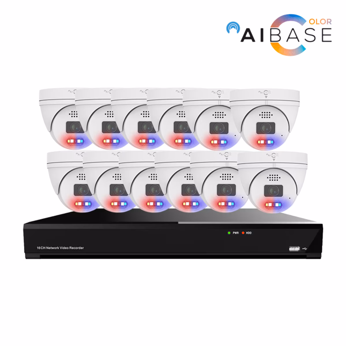 AiBase 16-channel NVR kit with 12 white 5MP dome cameras